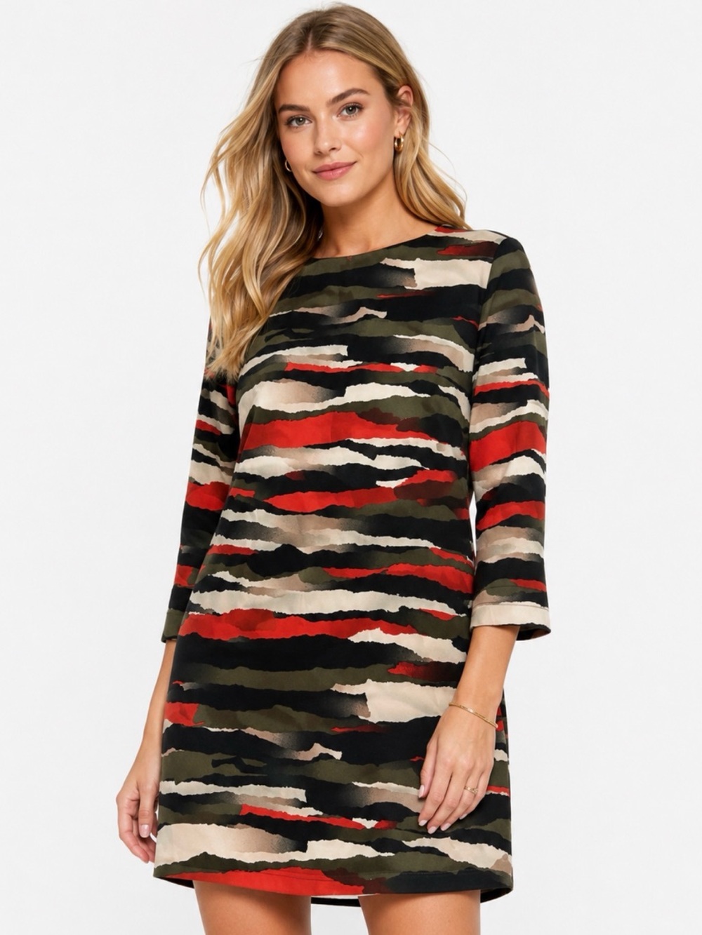 H&M Red Black Olive Striped Long-Sleeve Shift Dress 12